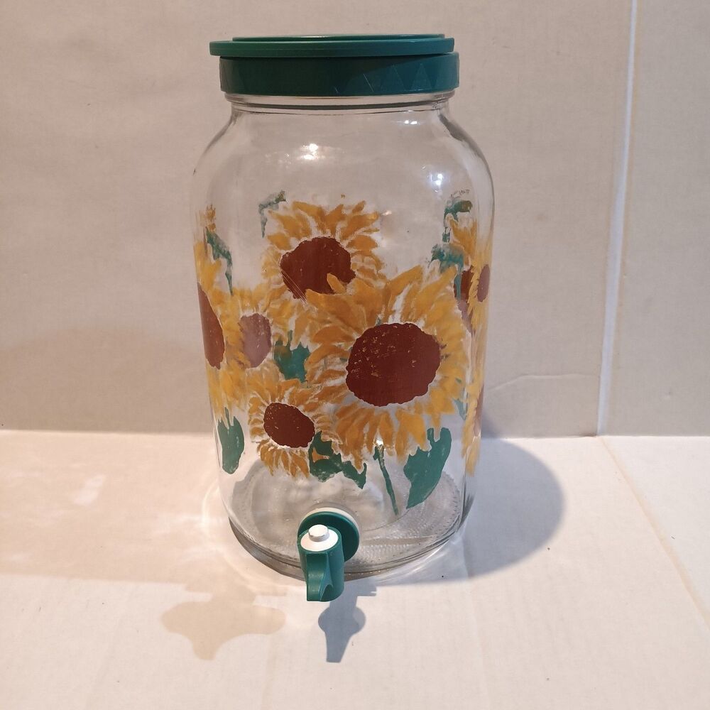 Vintage Golden Harvest Sunflowers Sun Tea Glass Jar-Dispenser-1 Gallon-Cottage